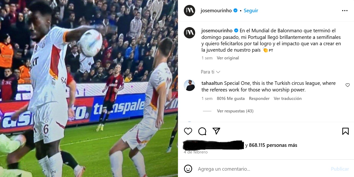 La captura de pantalla de la publicación de Mourinho.