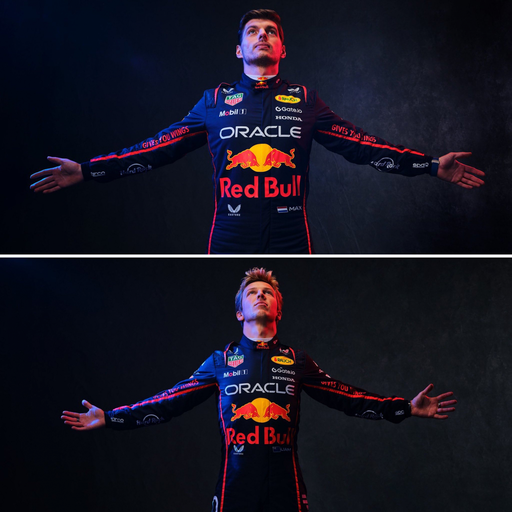Verstappen y Lawson, con sus fundas de 2025.