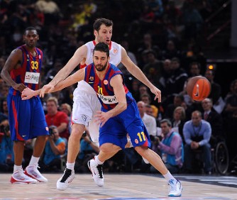 Papaloukas defendiendo a Navarro en un partido de Euroliga entre Olympiacos y Barça.