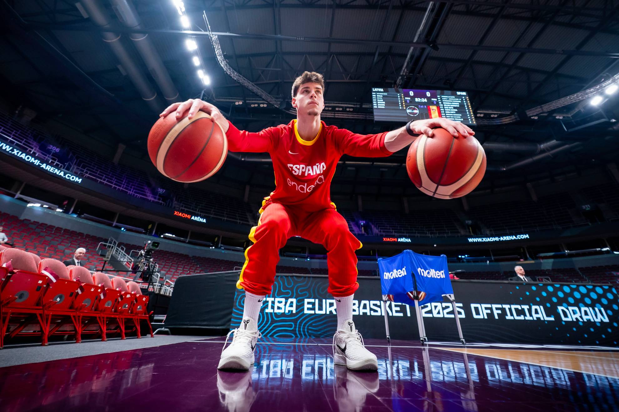 Mario Saint-Supery heats before a match against Latvia in Riga.