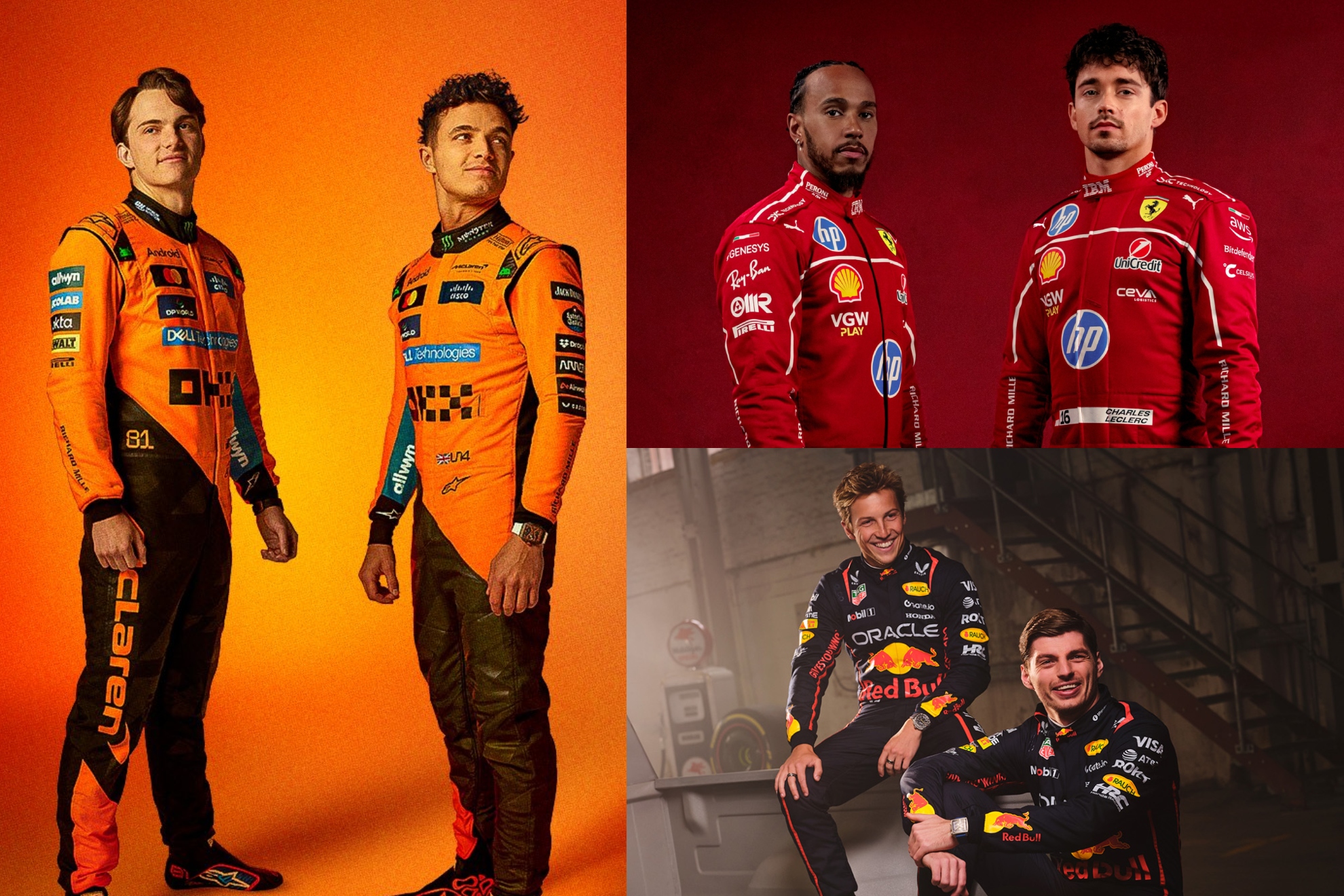 Pilotos de McLaren, Ferrari y Red Bull para la temporada 2025.&nbsp;