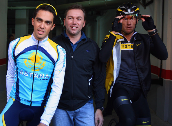 Alberto Contador, Johan Bruyneel y Lance Armstrong en Astana