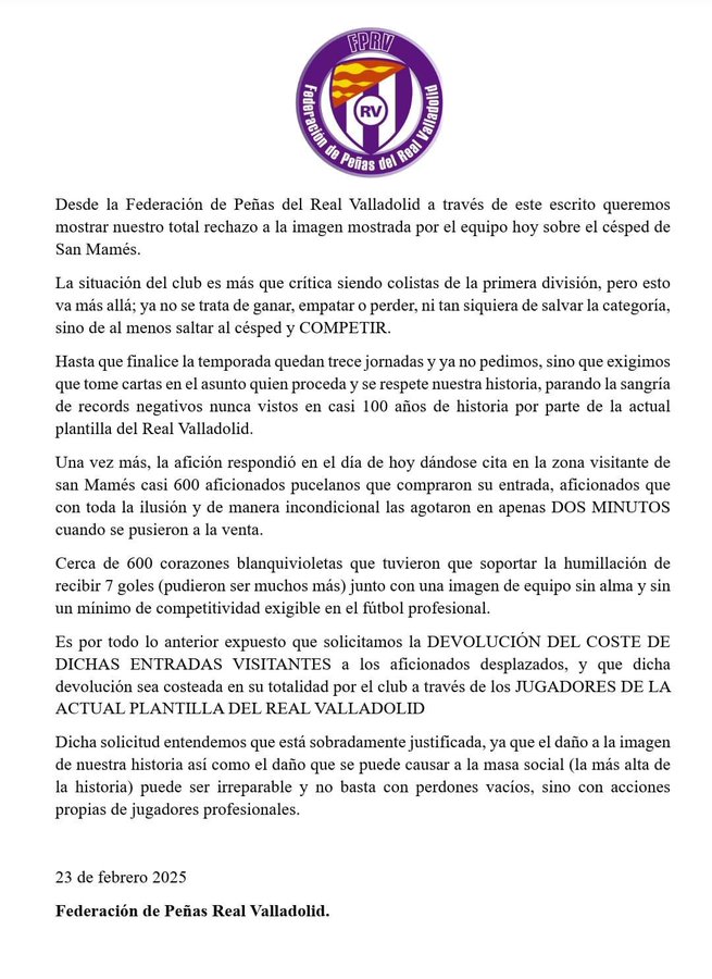 Comunicado de la Federación de Peñas del Real Valladolid