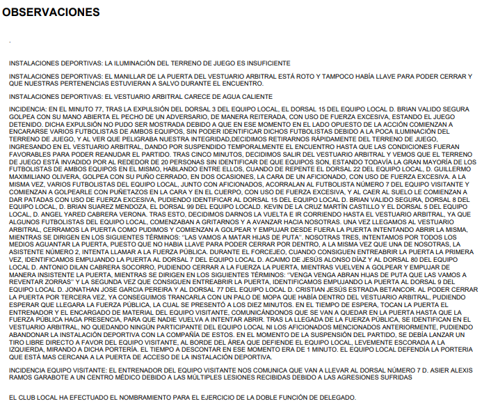 Relato del acta en el que se cuentan los incidentes.