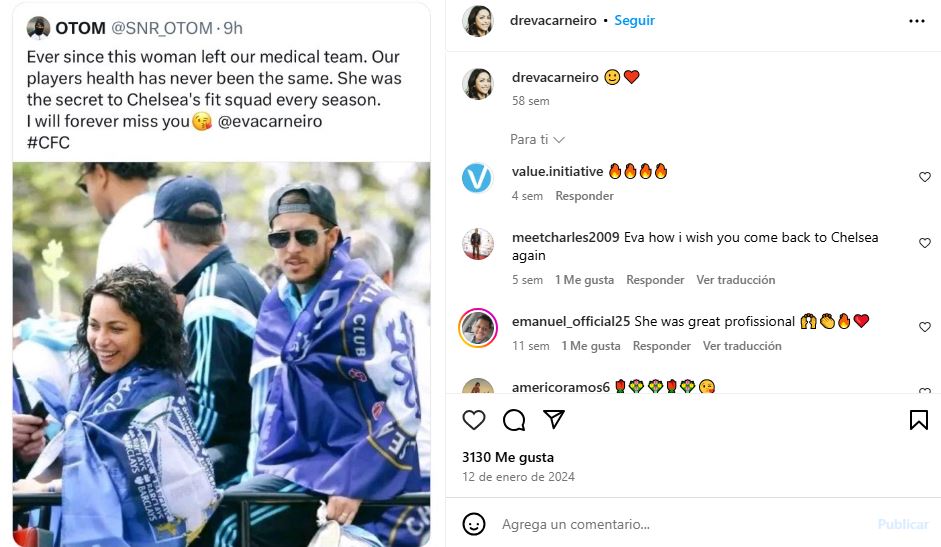 "Desde que esta mujer abandonó nuestro servicio médico, la salud de nuestros jugadores no ha sido la misma. Ella era el secreto de que la plantilla del Chelsea estuviera sana cada temporada. Siempre te echaremos de menos", rezaba un 'post' compartido por Eva Carneiro en Instagram.