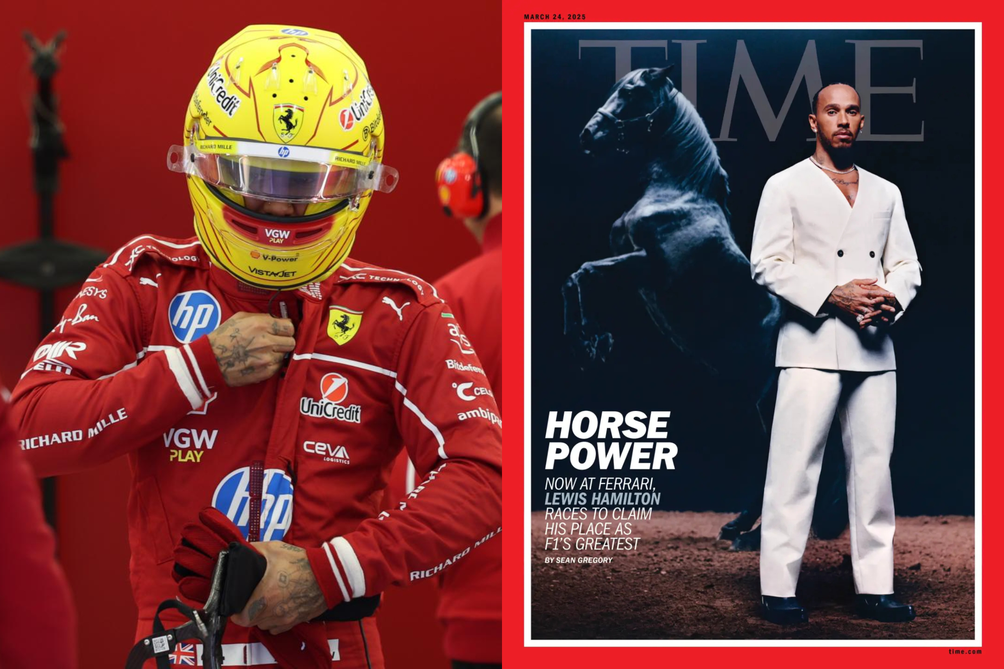 Hamilton, en el box y con la revista TIME.