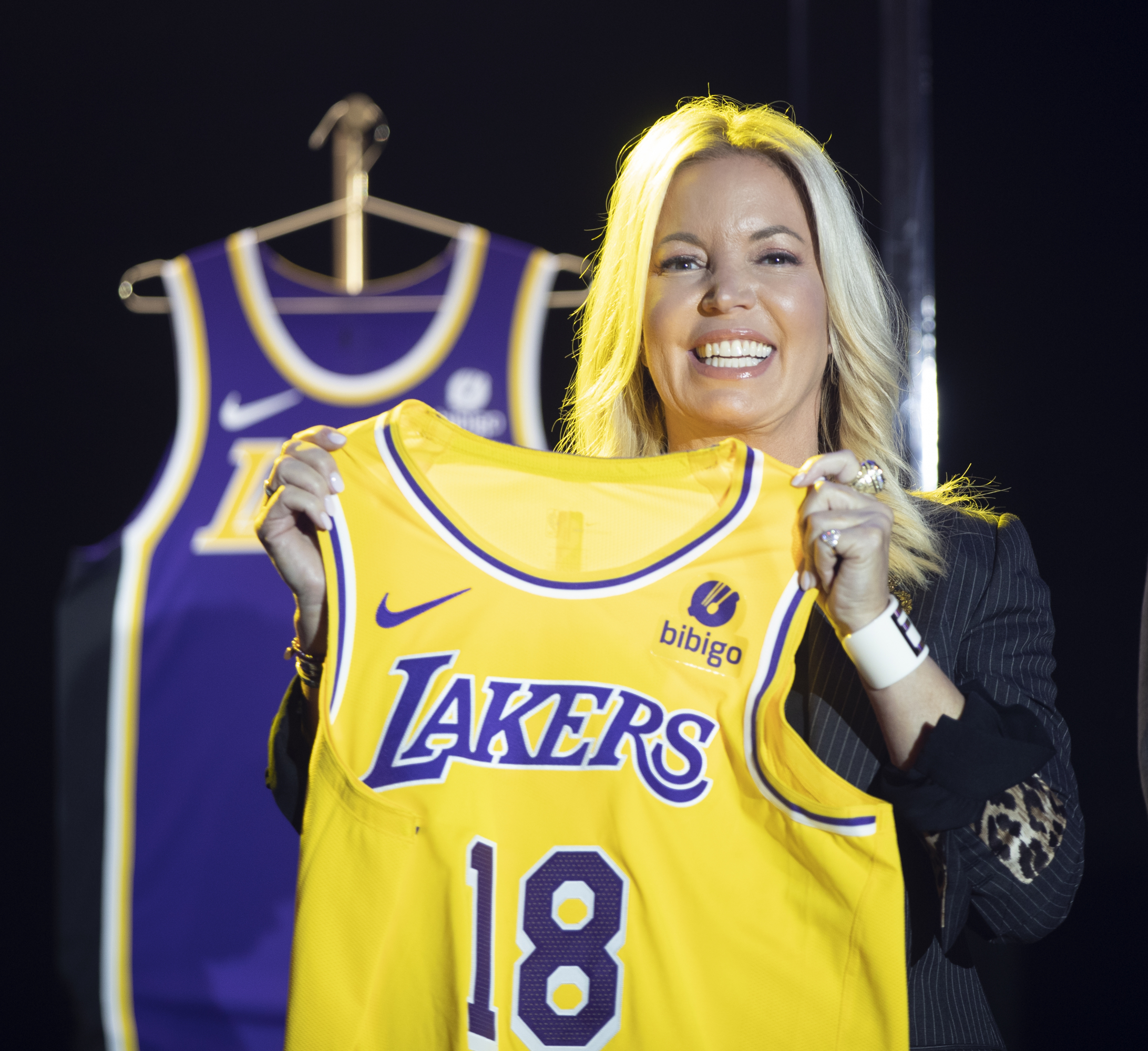 Jeanie Buss, president of the Lakers, with a franchise shirt.