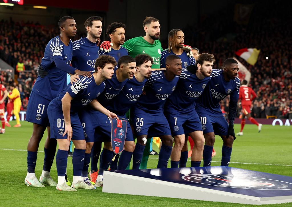 The starting eleven of PSG pose for the team picture before the UEFA Champions League Round of 16, 2nd leg soccer match between Liverpool FC and Paris Saint-Germain, in Liverpool, Britain.