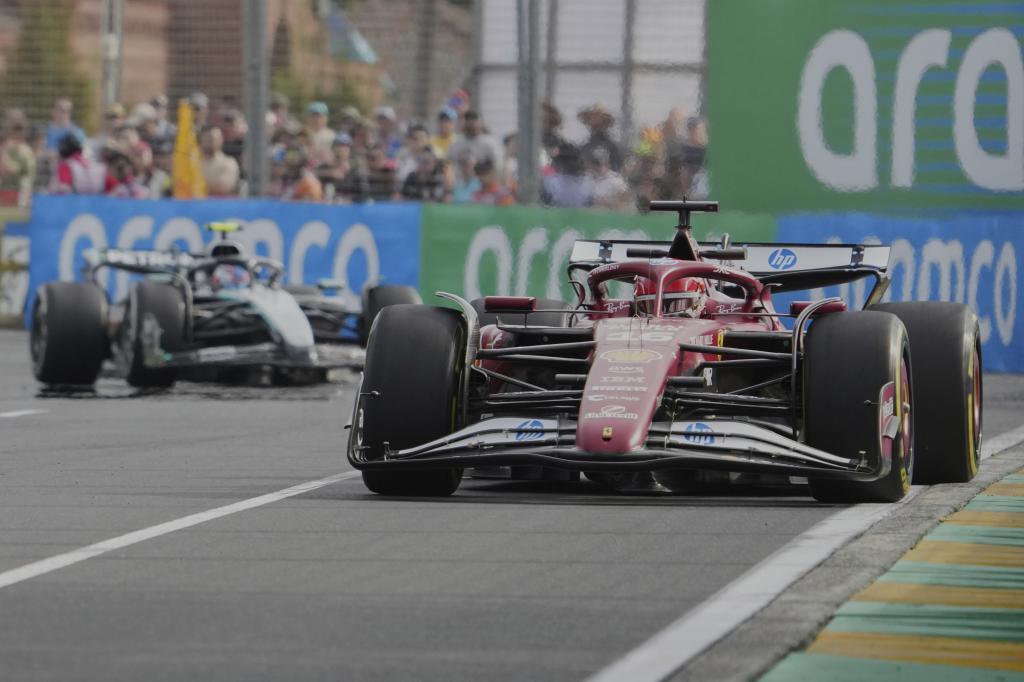 Ferrari driver Charles Leclerc of Monaco steers his car during the second practice session for the Australian Formula One Grand Prix at Albert Park, in Melbourne, Australia, Friday, March 14, 2025. (AP Photo/Scott Barbour)