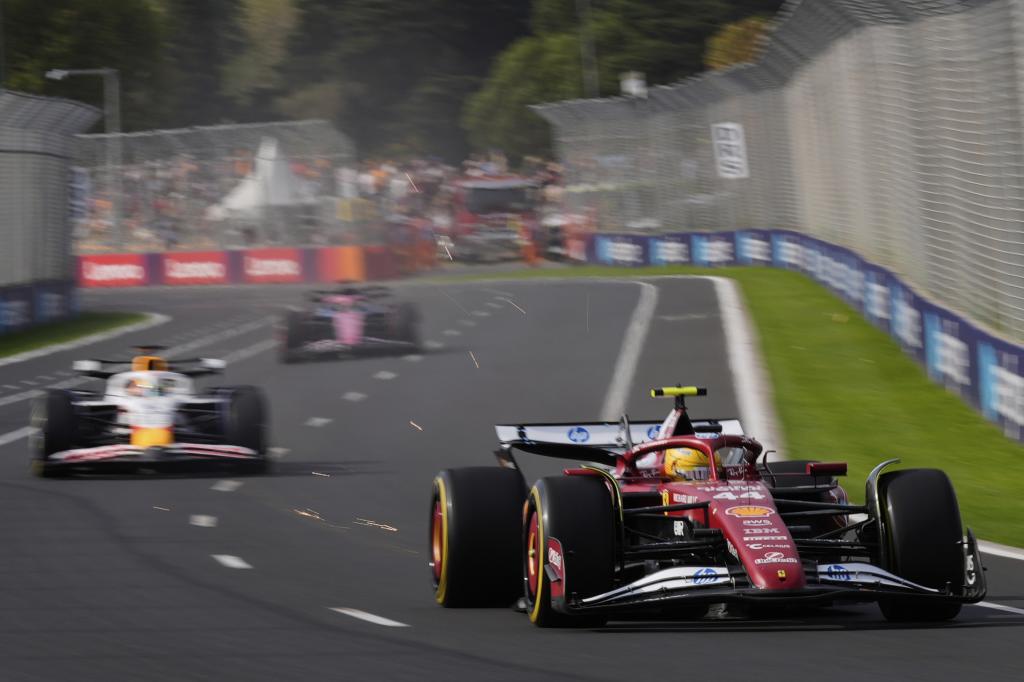 Ferrari driver Lewis Hamilton of Britain steers his car during the second practice session for the Australian Formula One Grand Prix at Albert Park, in Melbourne, Australia, Friday, March 14, 2025. (AP Photo/Asanka Brendon Ratnayake)