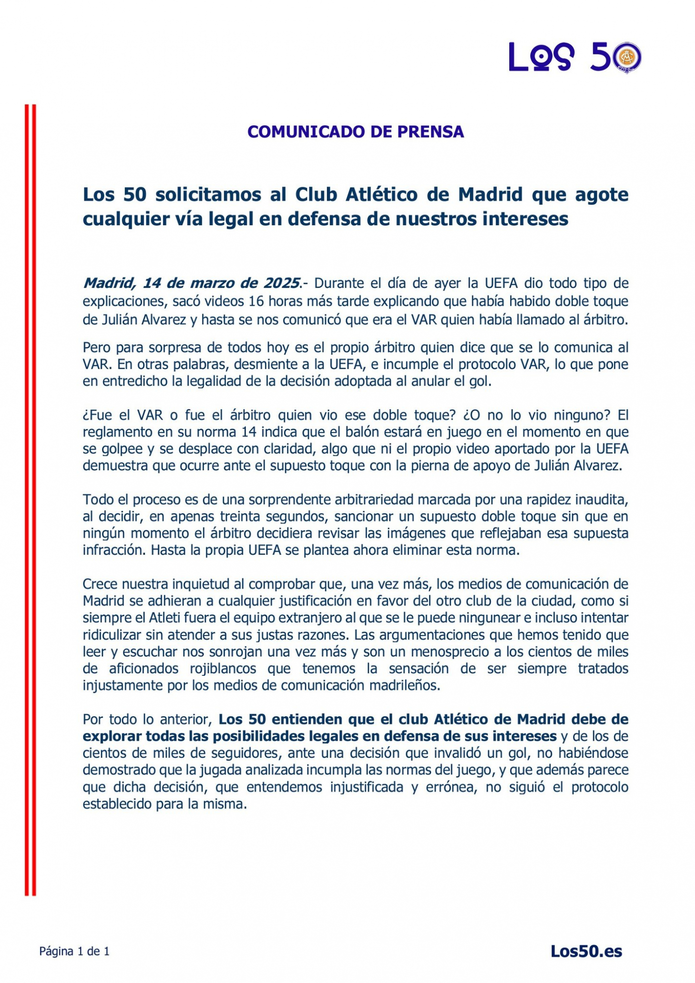 Comunicado Los 50.