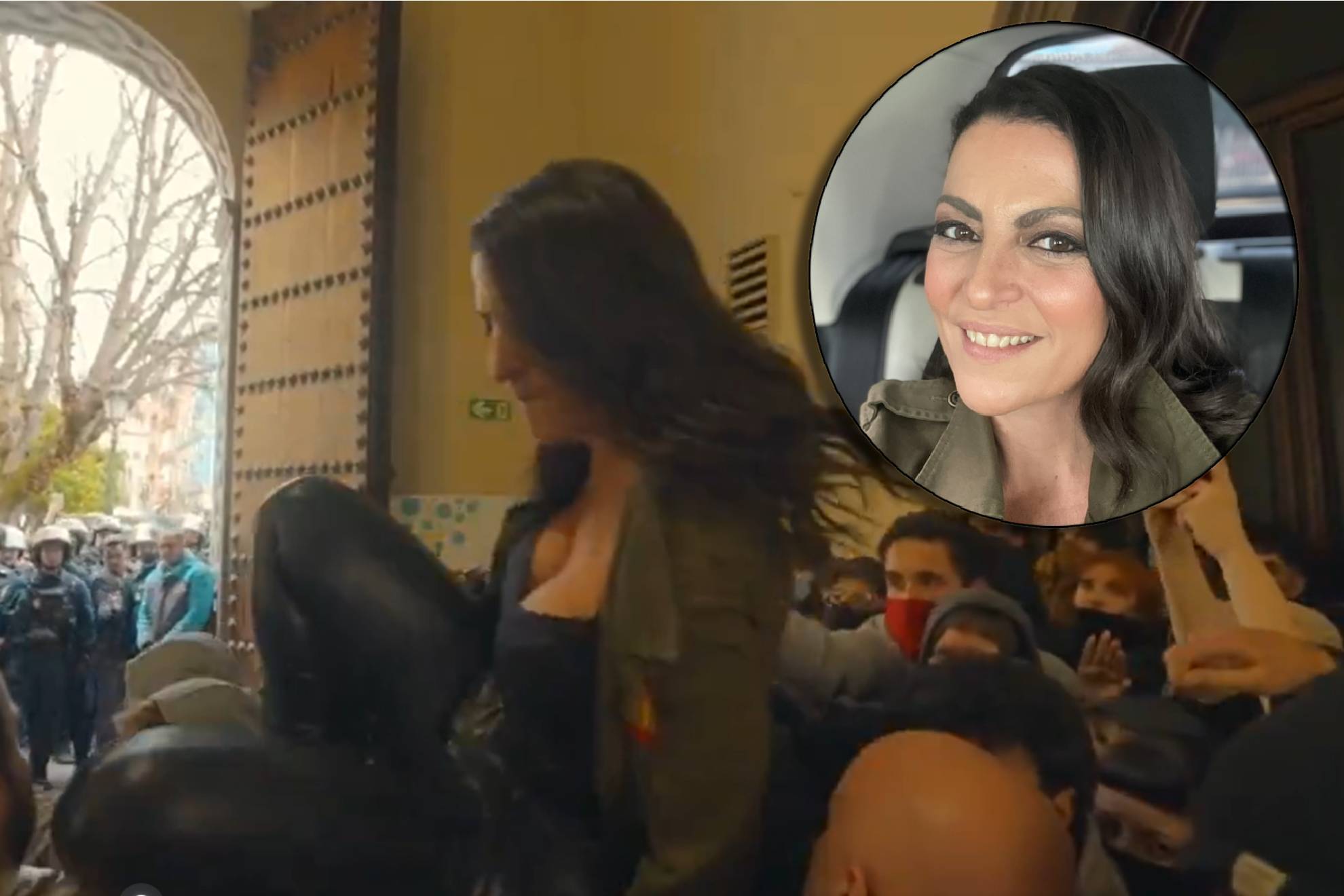 Terribles imágenes de Macarena Olona en volandas al lanzarse sobre unos manifestantes: "40 hombres encapuchados contra una mujer"