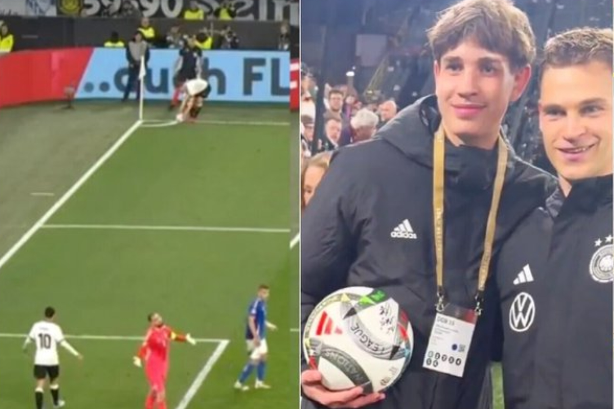Montaje del córner junto con la foto de Noel y Kimmich.