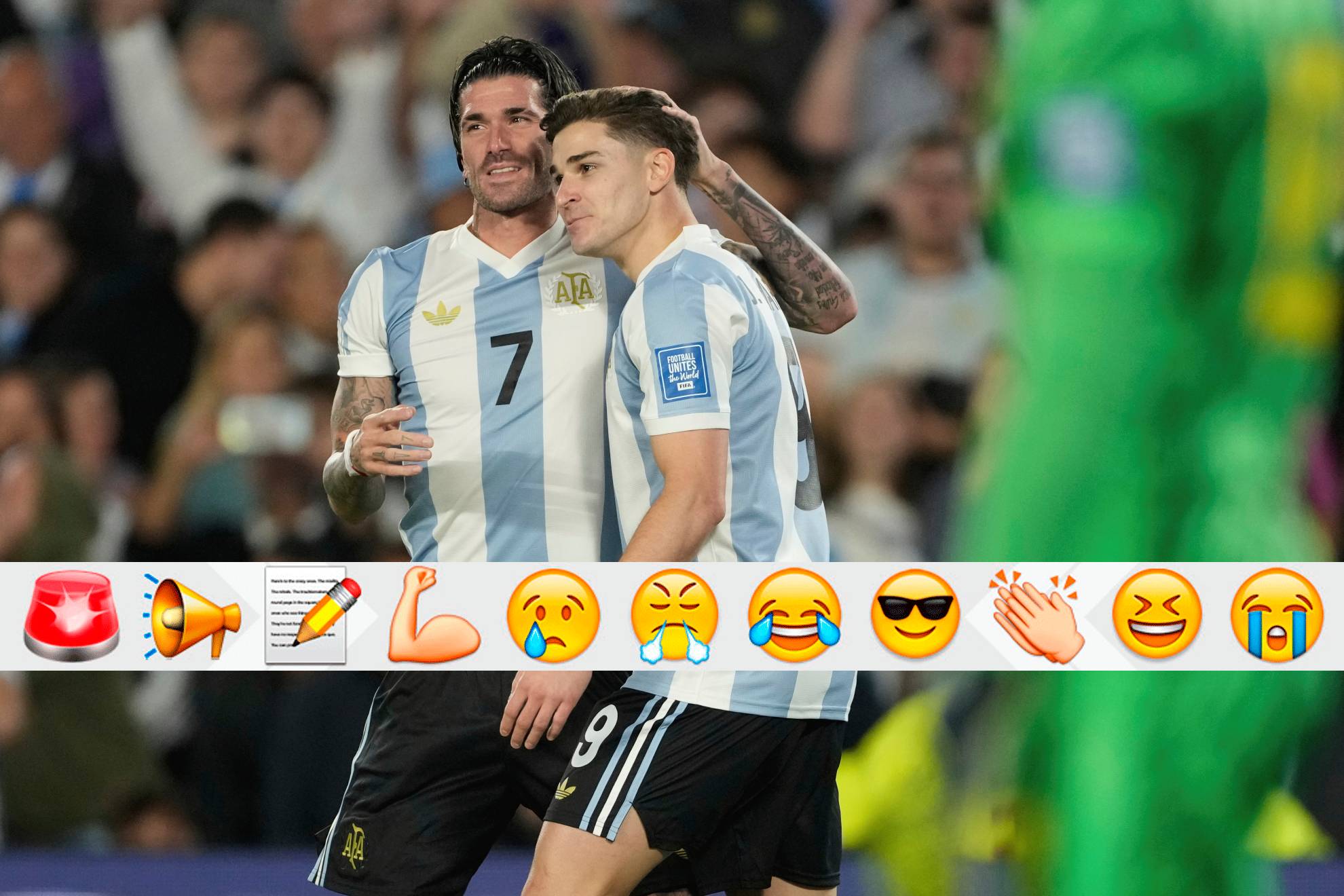Julián and De Paul celebrate one of the goals against Brazil