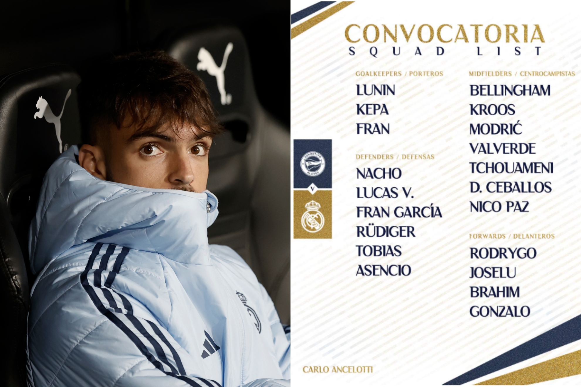 Asencio and the initial list of summoned for the Alavés-Madrid of 2023 from which he finally fell.