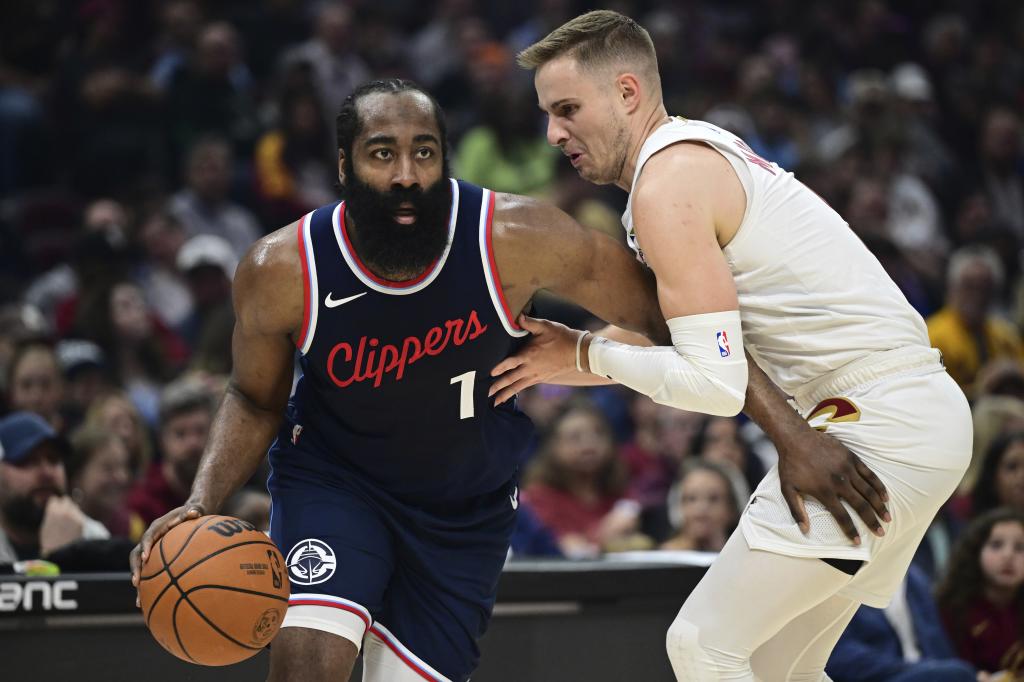 James Harden tries to leave Sam Merrill.