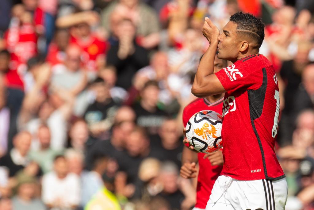 Casemiro celebrates a goal with Manchester United.