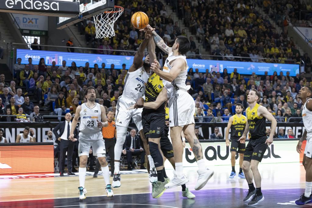 Kostas Kostadinov lucha por un balón entre Bruno Fernando y Gabi Deck.