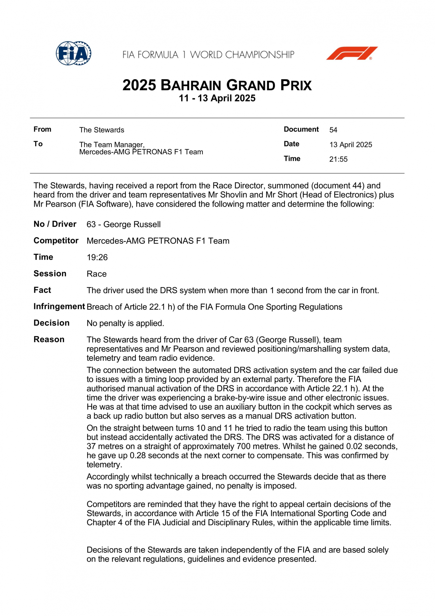 Comunicado de la FIA sobre Russell.