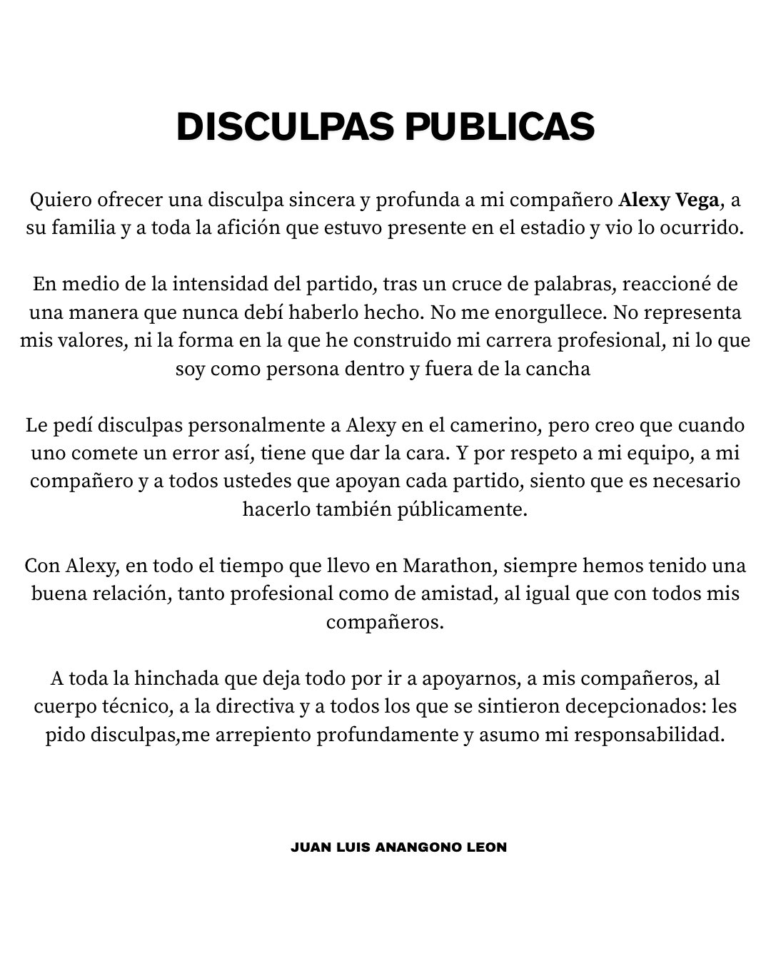 The apology letter published by Anangonó.