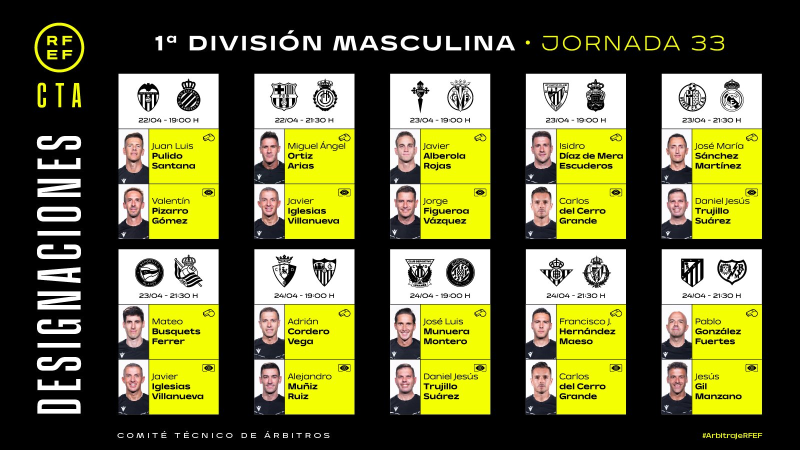 Las designaciones arbitrales para la jornada 33 de LaLiga.