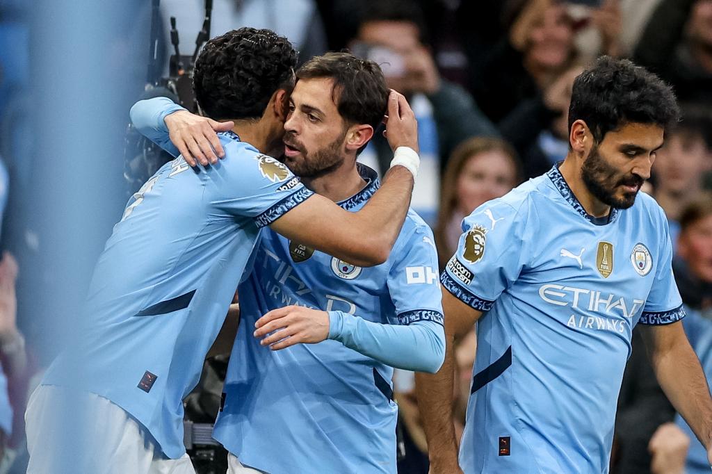 The City of the City celebrating Bernardo Silva's first goal.