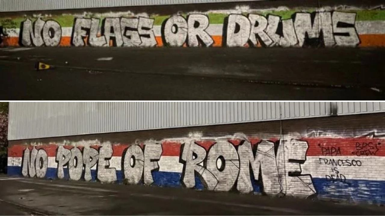 Painted ultras from Cletic (above) and Rangers (below) after the death of the Pope