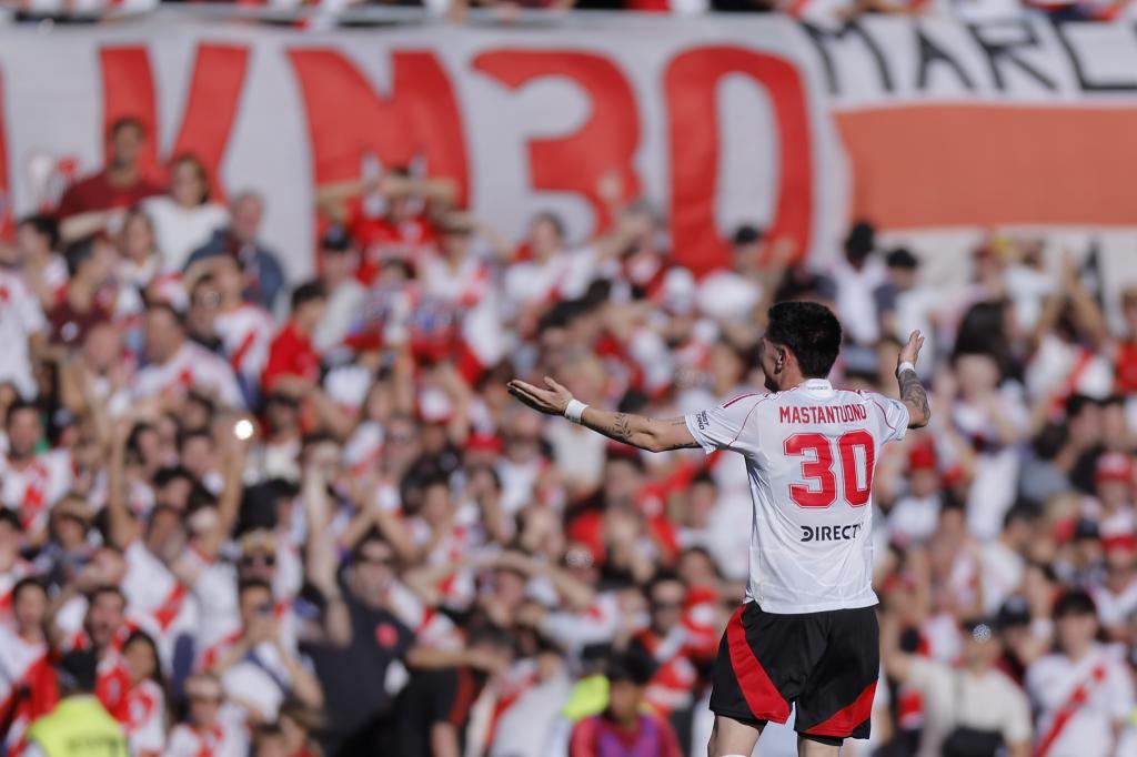 Franco Mastantuono celebrating his fault goal against Boca Juniors