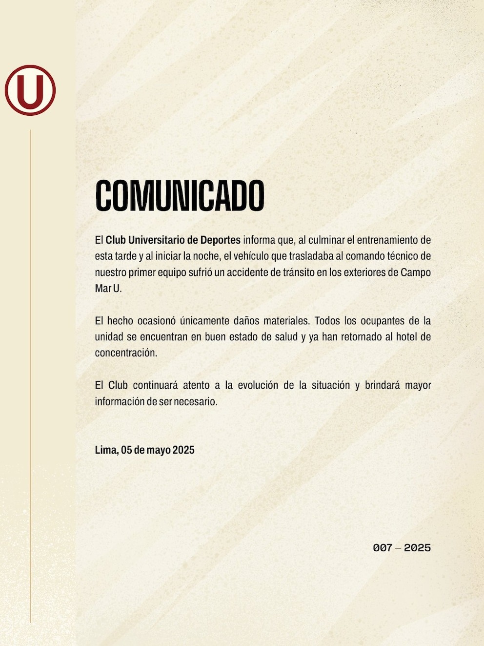Sports University statement on the accident of Jorge Fossati.