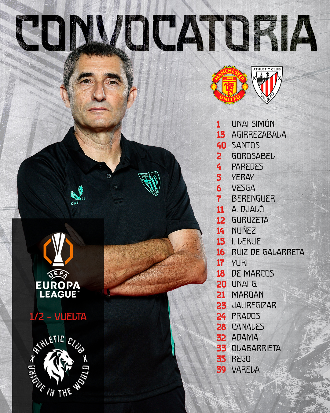 Convocatoria del Athletic ante el United.
