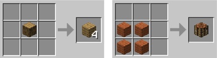 Recipes to make wooden planks and build your first work table in Minecraft.