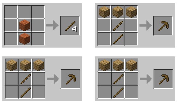 These are the recipes to make sticks and your first wooden tools in Minecraft.