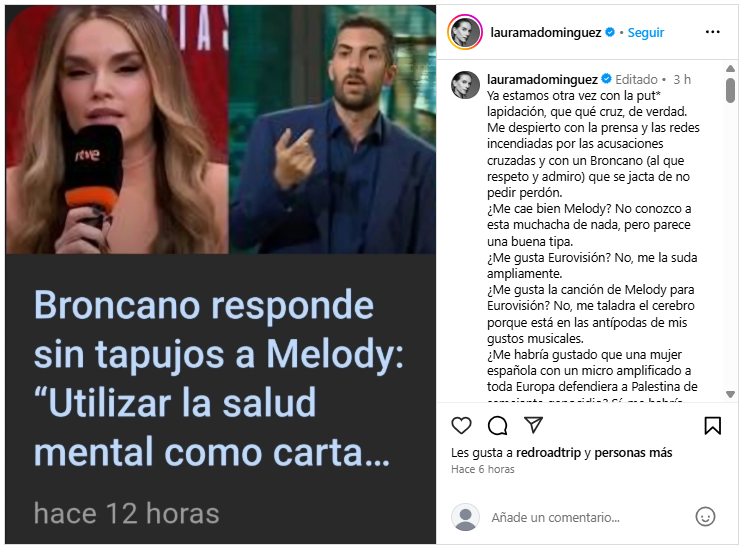 La ex de Broncano rompe su silencio y celebra públicamente la crítica que  lo deja en evidencia por su ataque a Melody