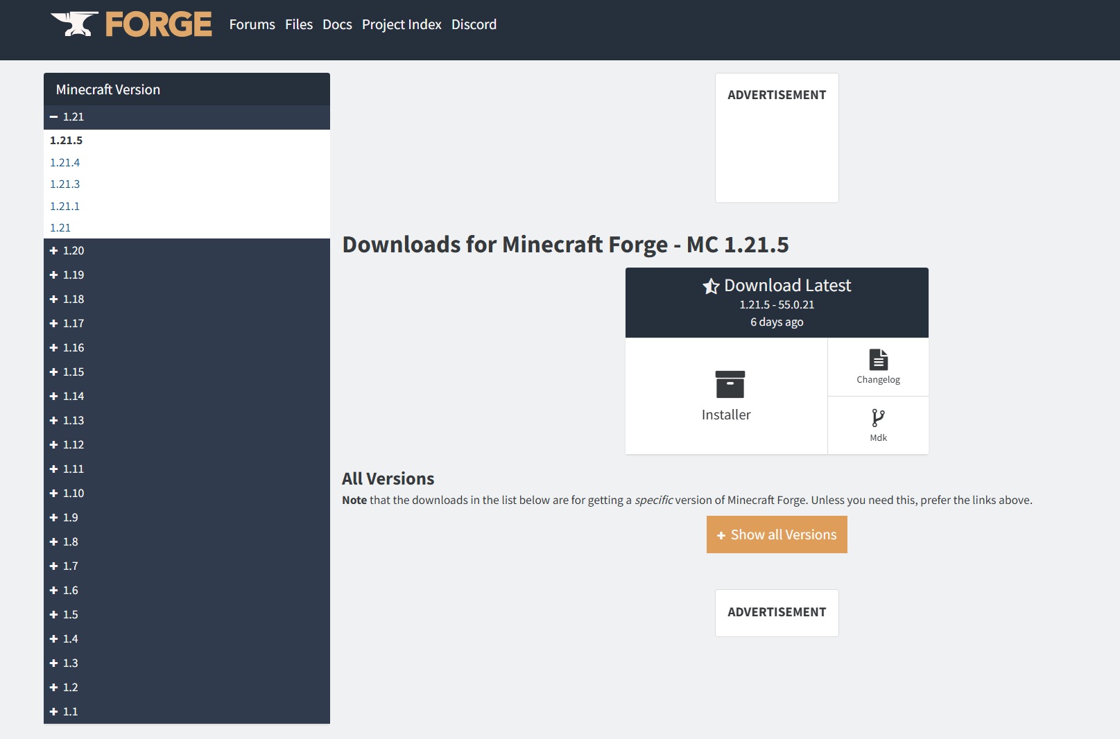 Forge page. On the left you have a list of its different versions.