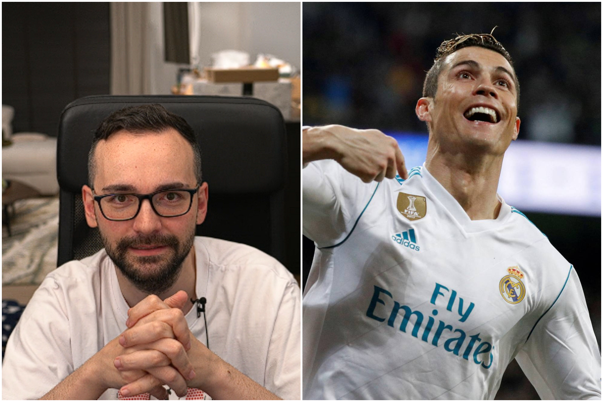 Xokas durante un directo y Cristiano Ronaldo en un partido del Real Madrid