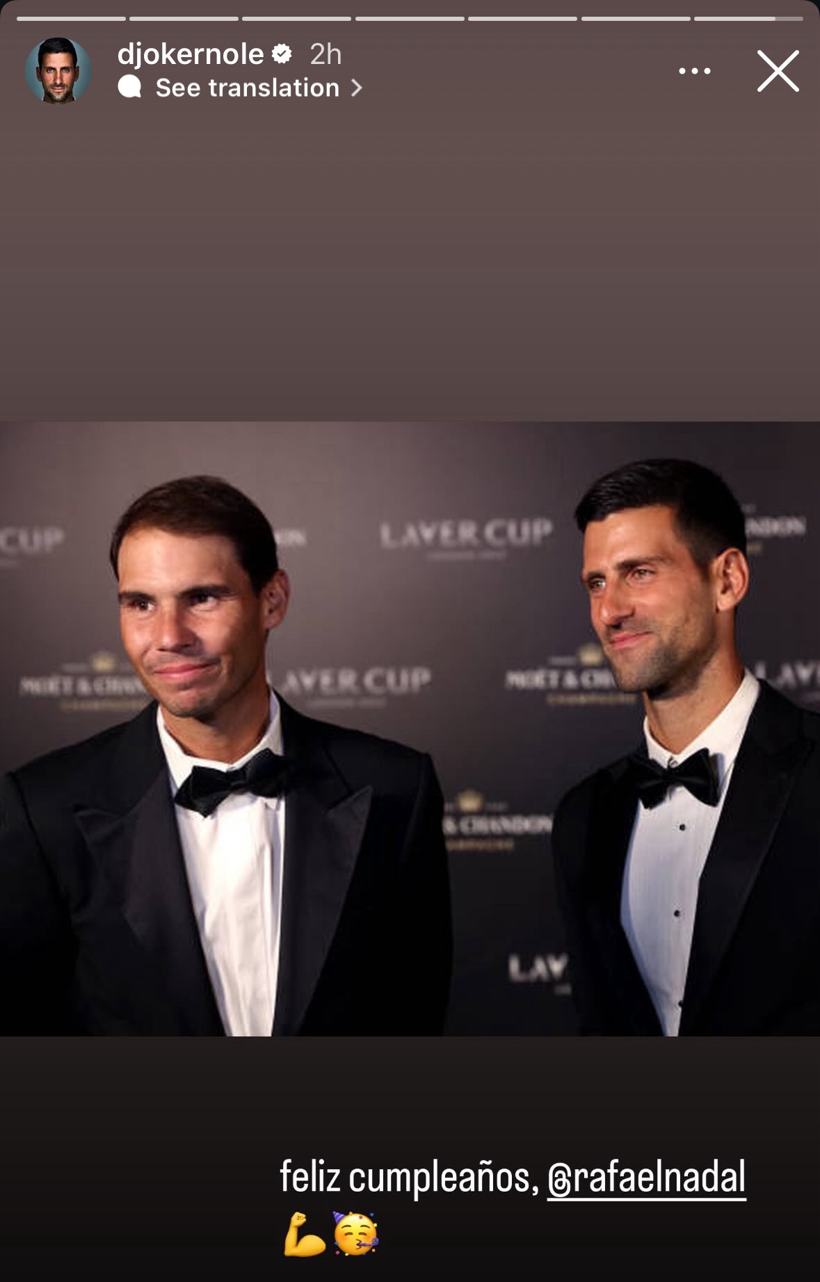 La felicitación de Djokovic a Nadal por su aniversario.