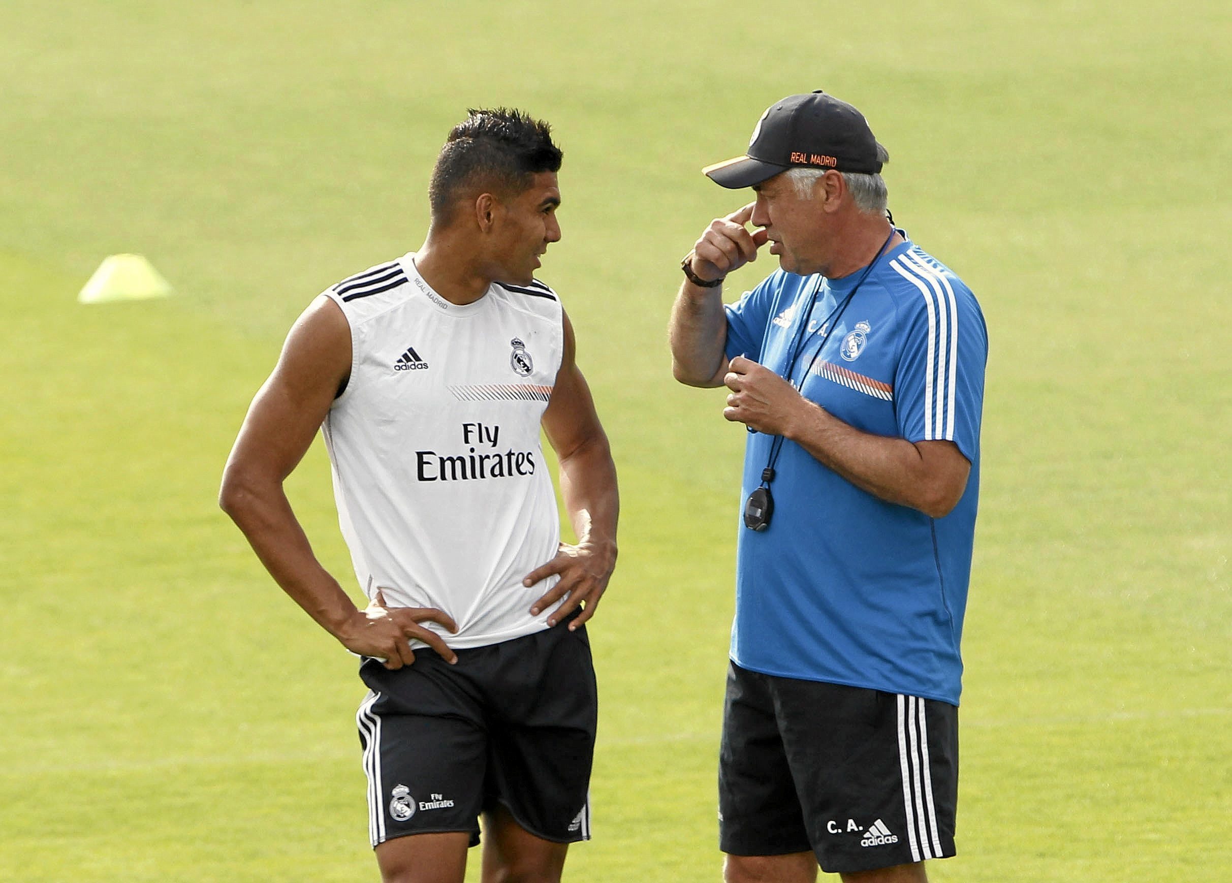 Casemiro y Ancelotti, en un entrenamiento del Real Madrid