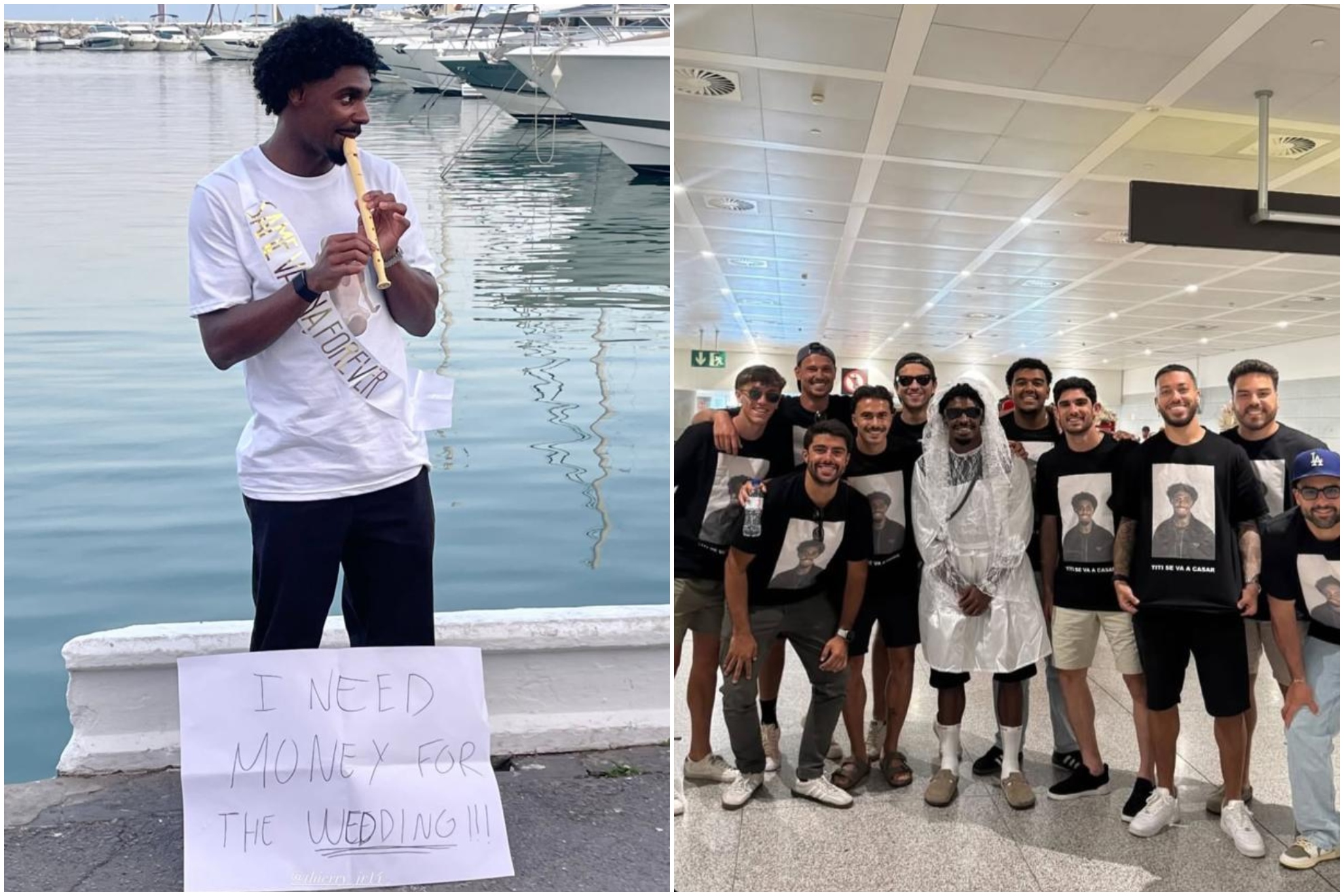 Thierry tocando la flauta en Puerto Banús y con el resto de sus amigos.