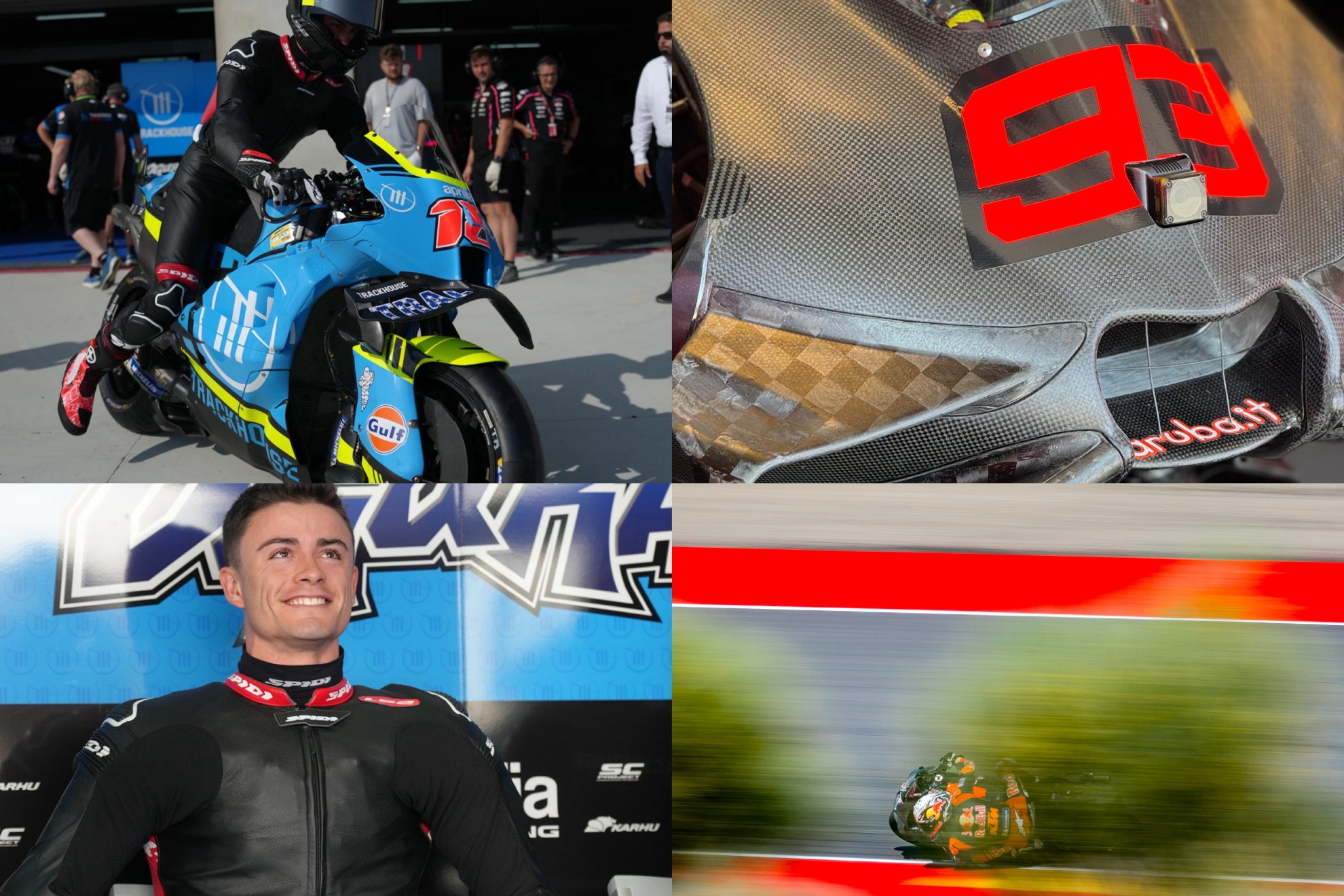 Manu González, sobre la Aprilia y en el box; Marc y su carenado nuevo y Acosta.