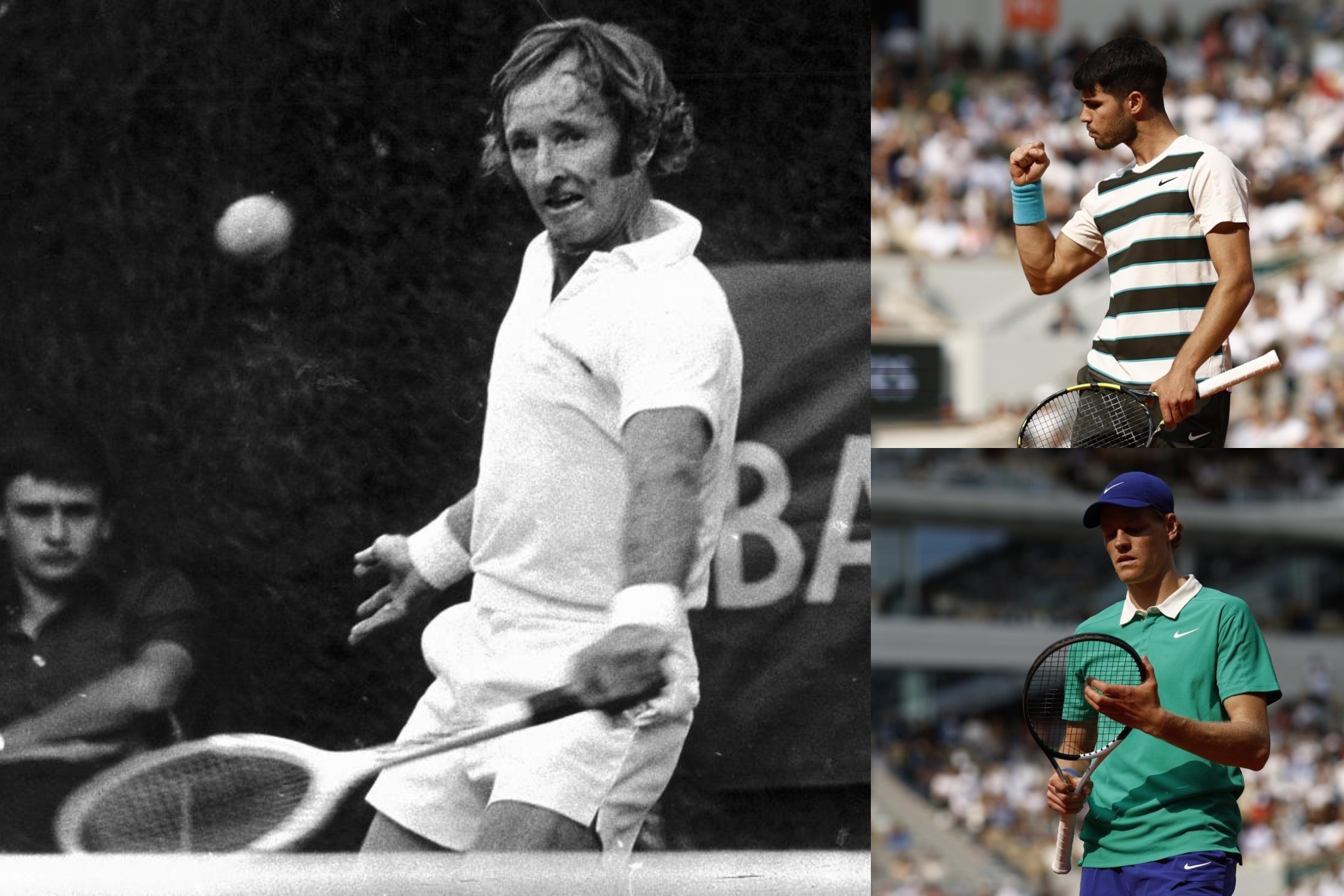Rod Laver, último tenista masculino en ganar un Grand Slam, Carlos Alcaraz y Jannik Sinner.