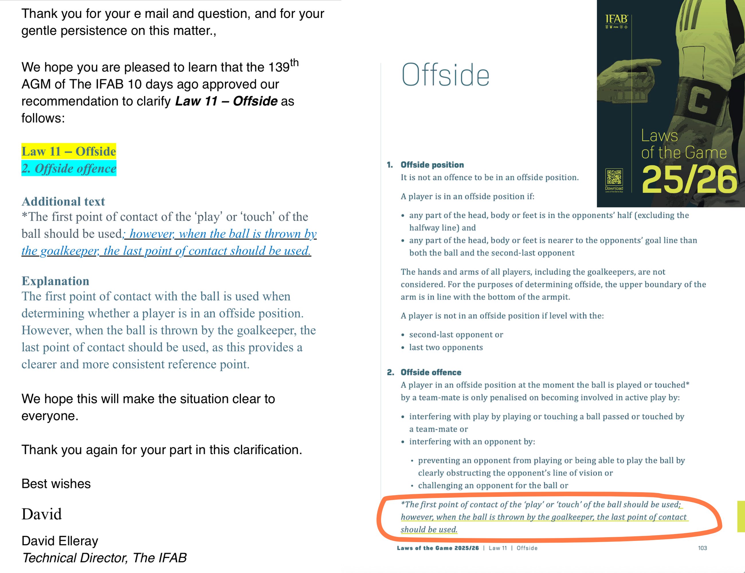 The thanks of the IFAB to Torns If and the modification of rule 11