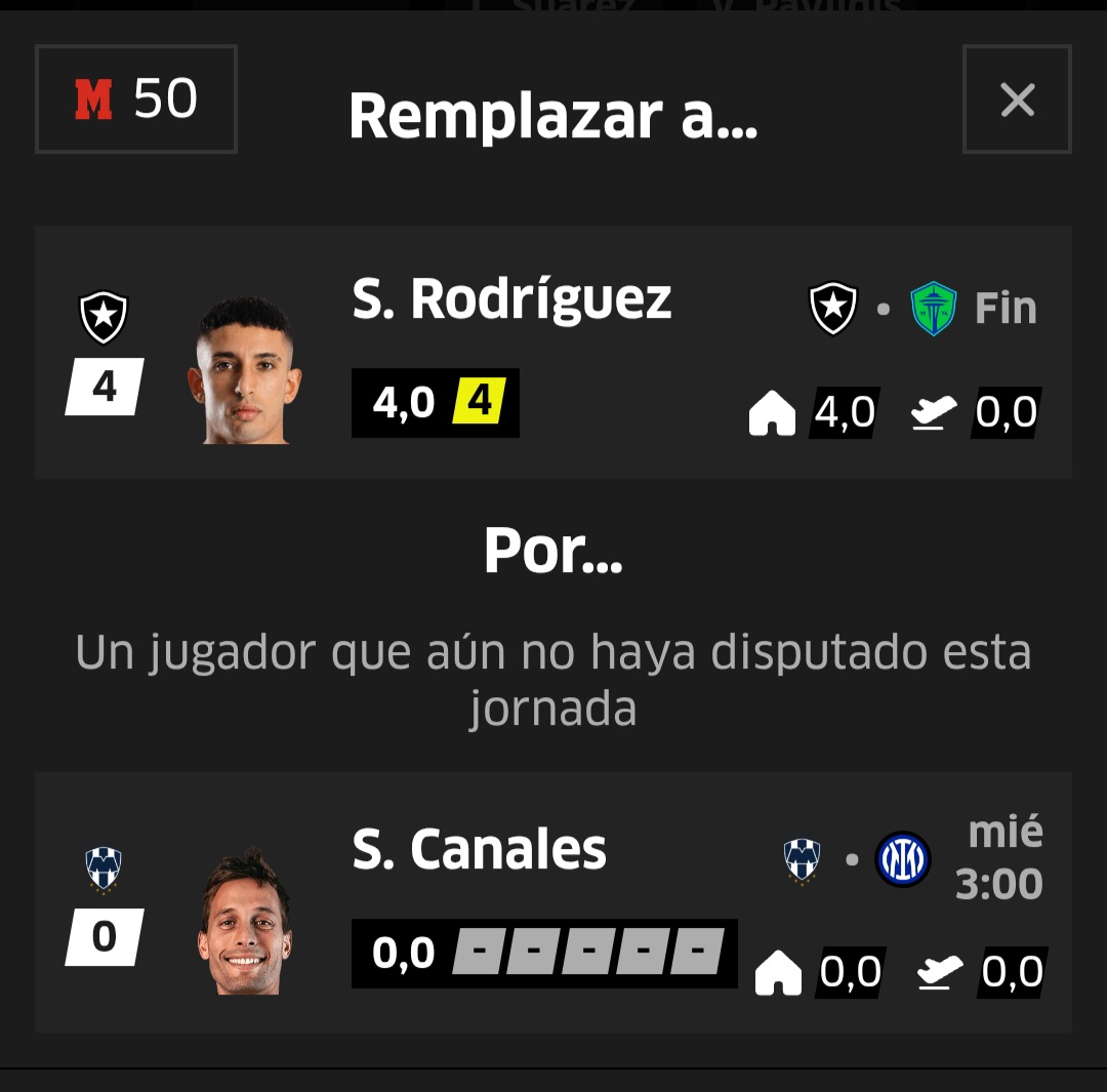Cada cambio durante la jornada nos cuesta 50 créditos