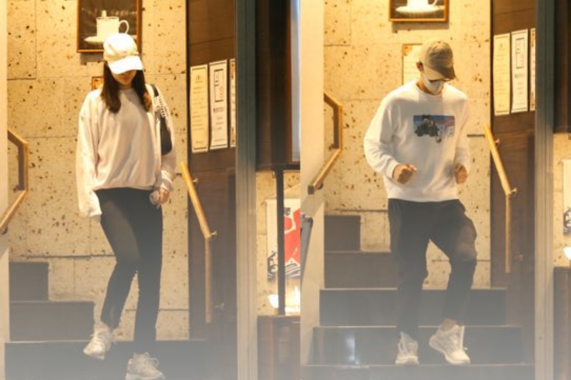 Nishikori y su mujer saliendo de su casa separados.