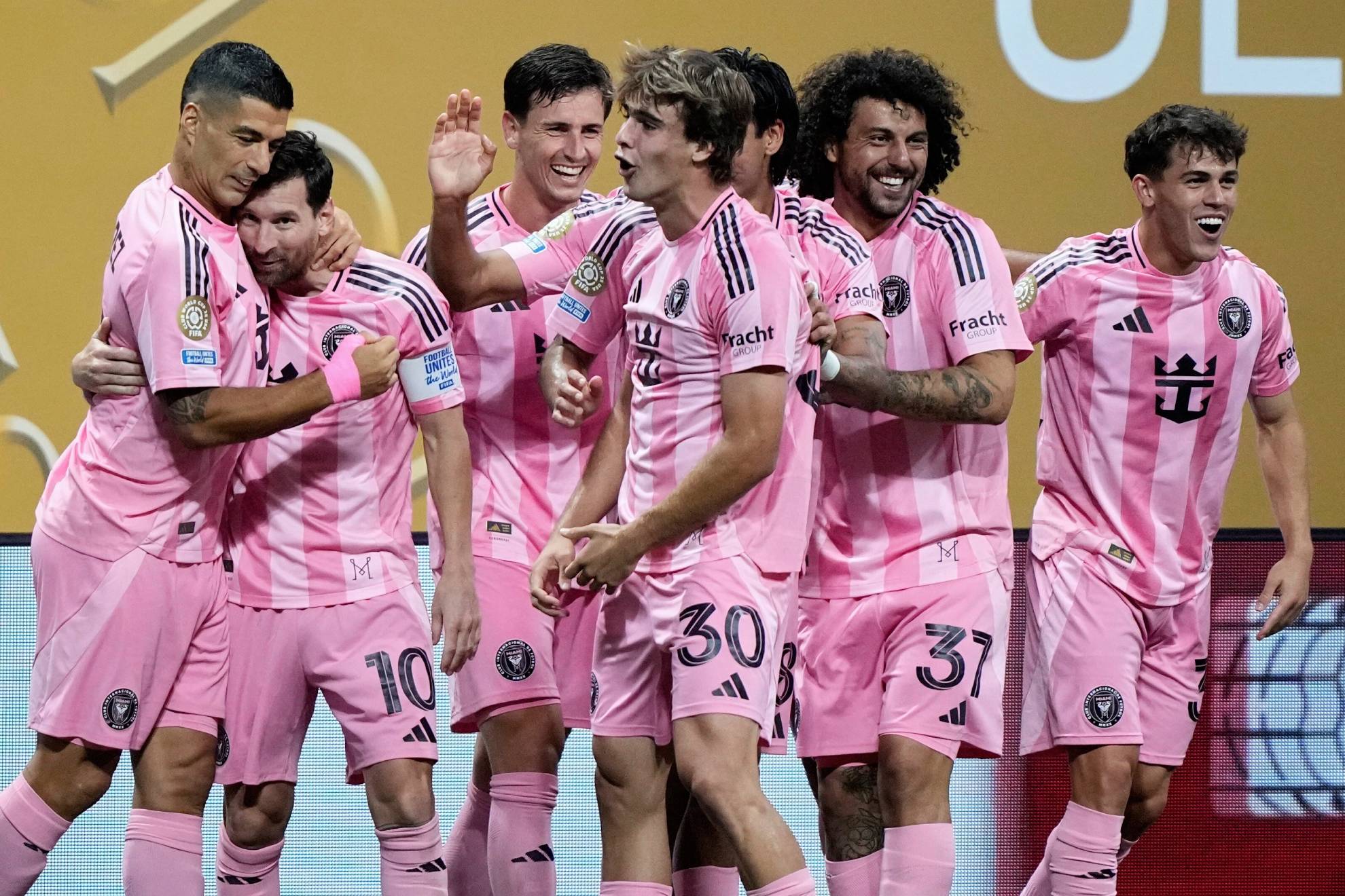 Inter Miami players congratulate Leo Messi after his goal against Porto