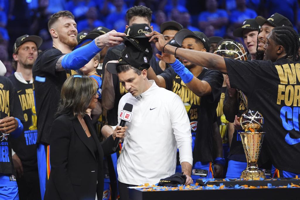 Mark Daigneault in the interview after receiving the NBA champion trophy