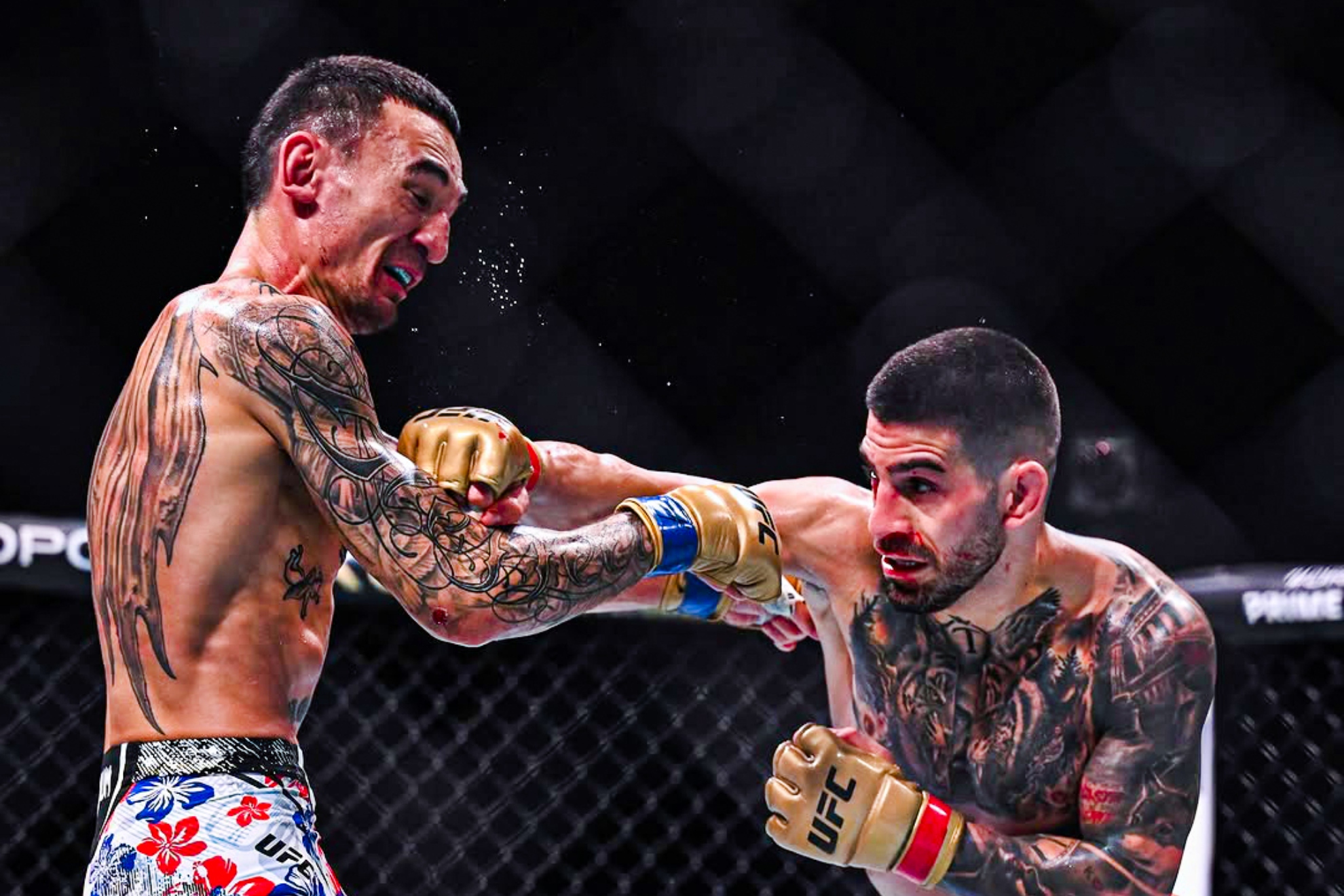 Ilia Topuria hits Max Holloway in UFC 308.