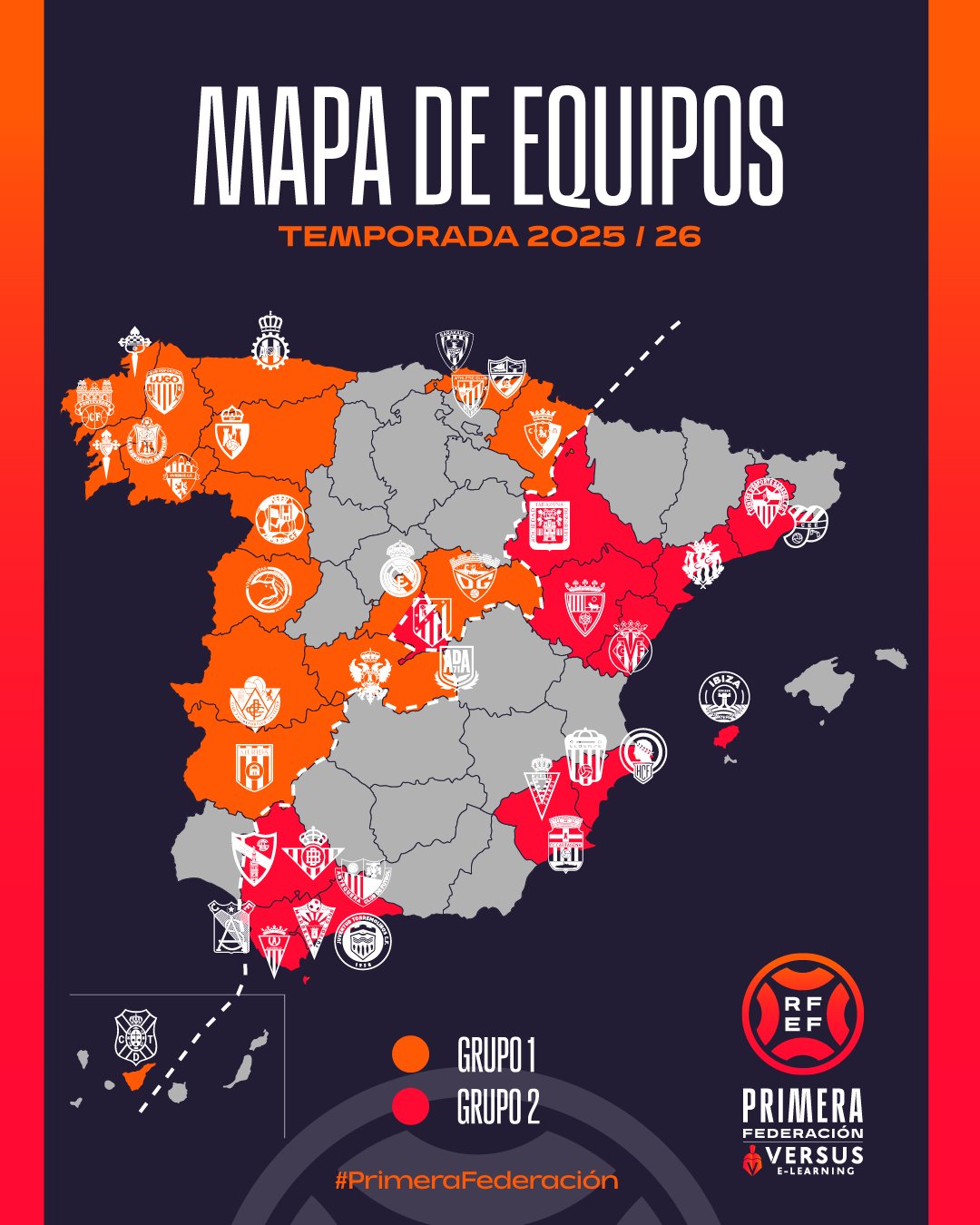 Mapa de los grupos de Primera Federación.