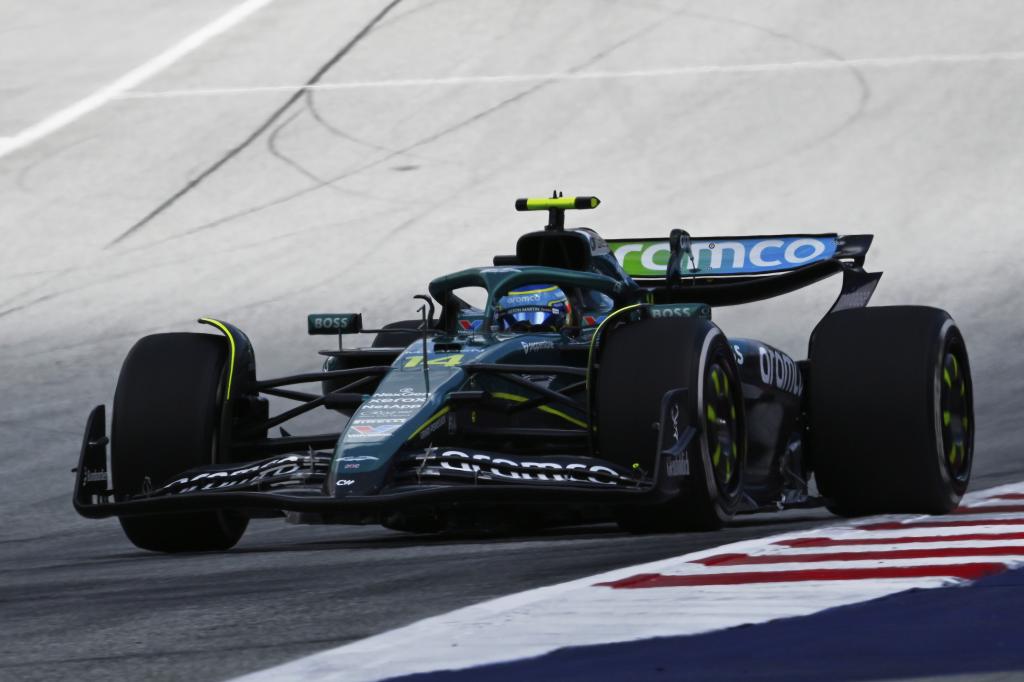 Aston Martin driver Fernando Alonso of Spain in action during the first free practice at the Red Bull Ring racetrack, ahead of the Austrian Formula One Grand Prix in Spielberg, Austria, Friday, June 27, 2025. (AP Photo/Denes Erdos)