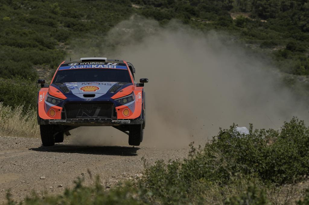 Estonia's driver Ott Tanak and his co-driver Martin Jarveoja with Hyundai i20 N Rally1 compete during a special stage of WRC Acropolis Rally in Thiva, some 90 kilometers (56 miles) north of Athens, Greece, Friday, June 27, 2025 (AP Photo/Thanassis Stavrakis)