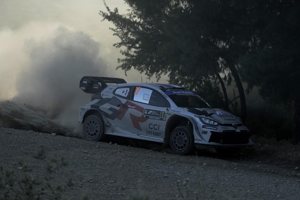 France's driver Sebastien Ogier and his co-driver Vincent Landais in a Toyota GR Yaris Rally1 compete during a special stage of WRC Acropolis Rally in Elateia, some 167 kilometers (104 miles) north of Athens, Greece, Friday, June 27, 2025 (AP Photo/Thanassis Stavrakis)